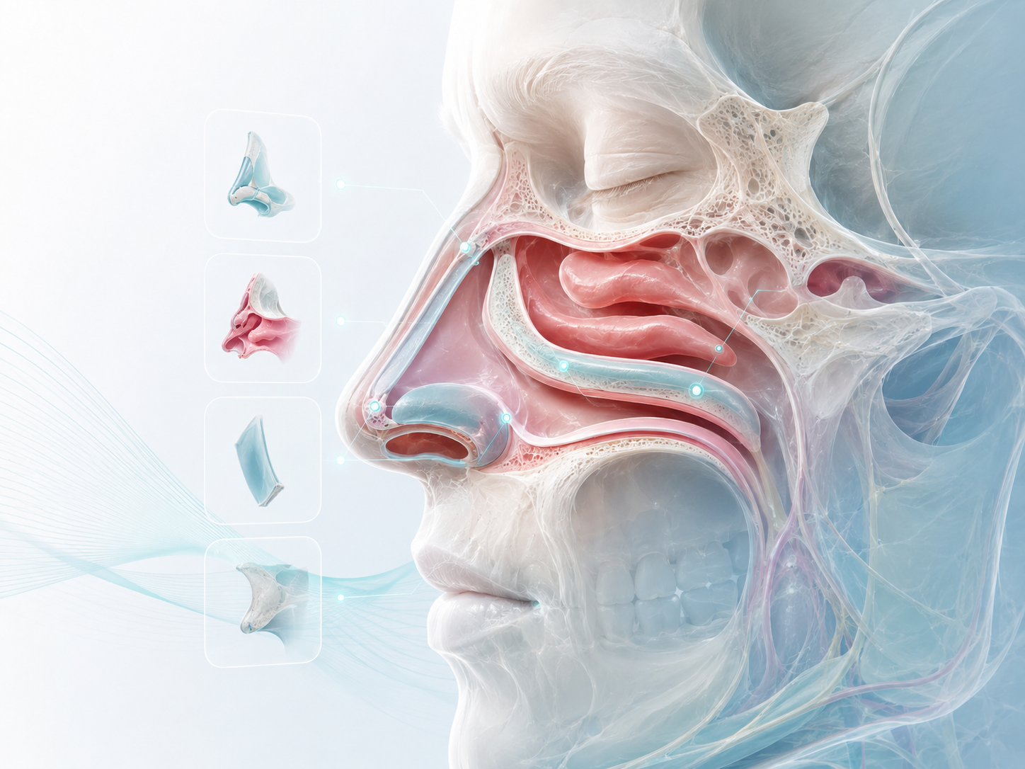 Close-up 3D rhinology model showing nasal cavity, turbinates, facial skeleton and surrounding anatomy