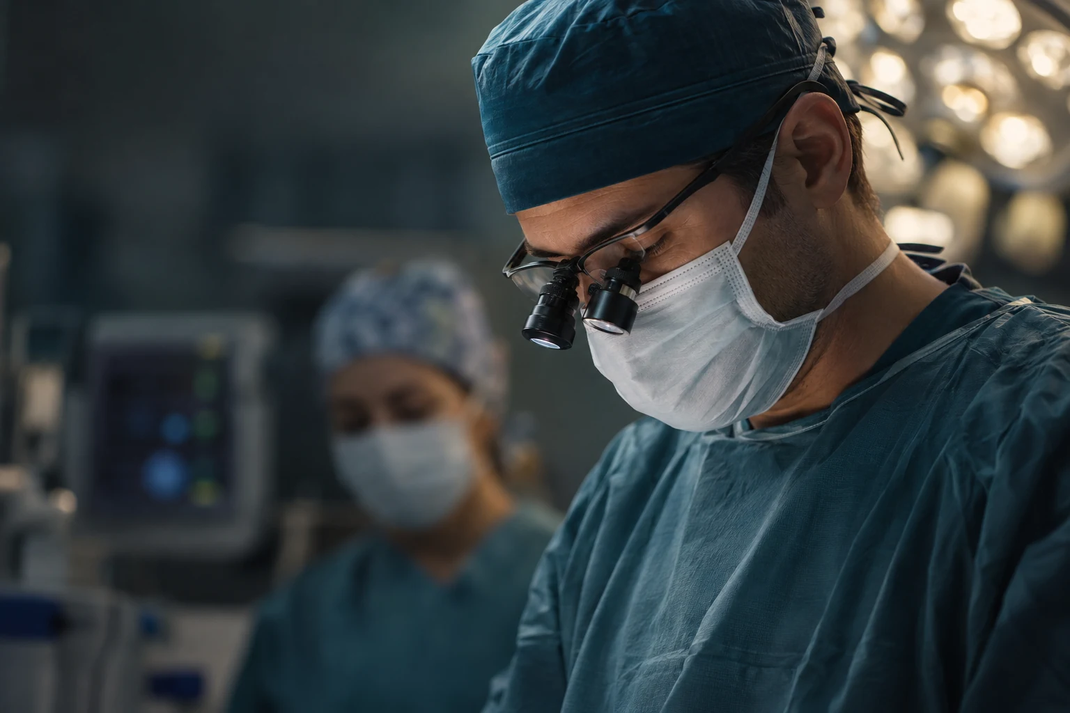 Illustrative clinician concentrating through surgical loupes